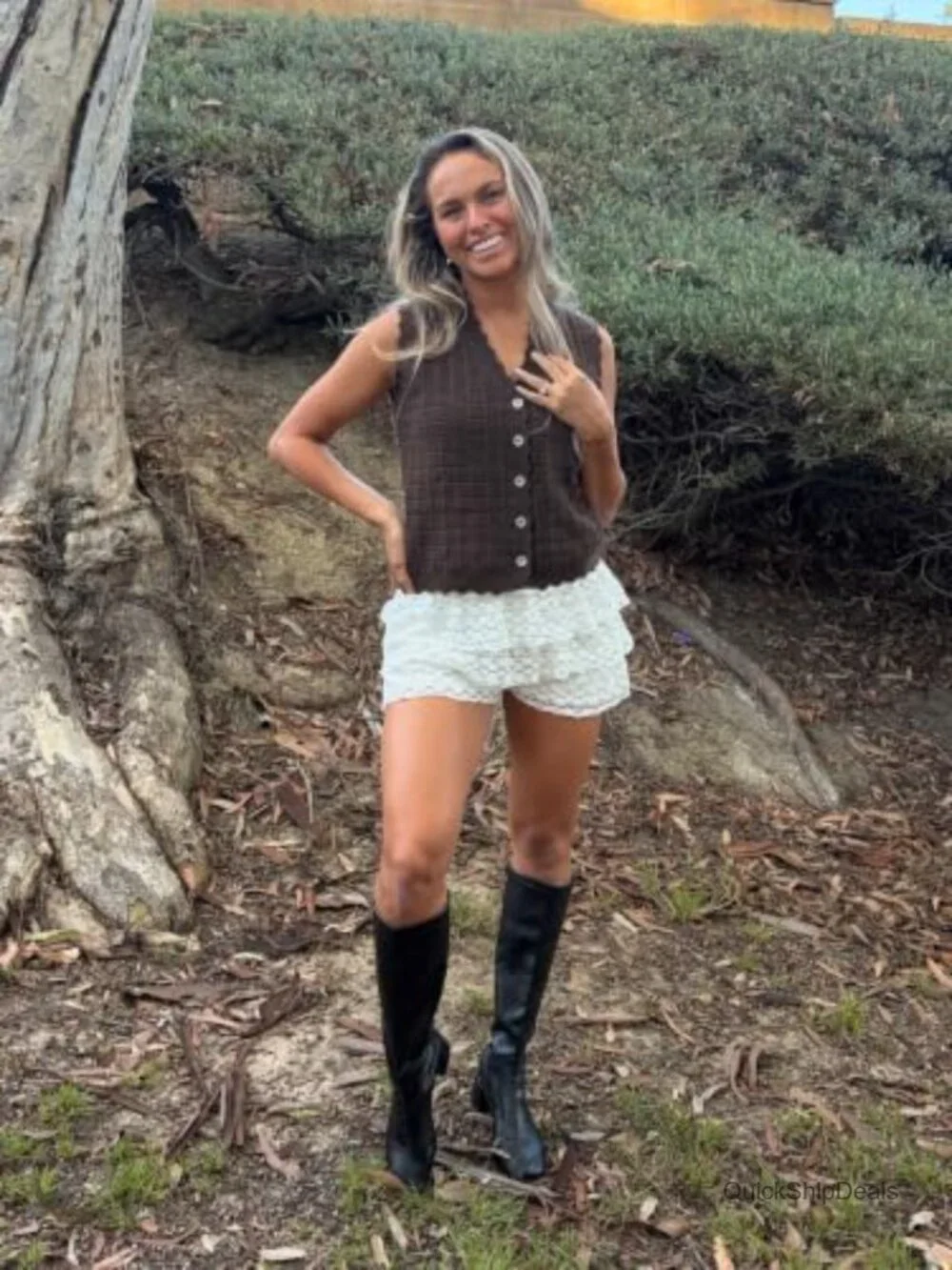 Waffle Knit Sweater Vest Sleeveless V Neck Button Front Layering Top